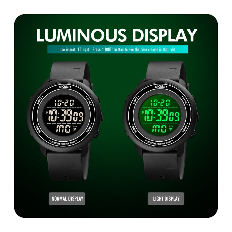 SKMEI 1736 Montre électronique lumineuse avec affichage numérique LED, cadran rond et triple heure.