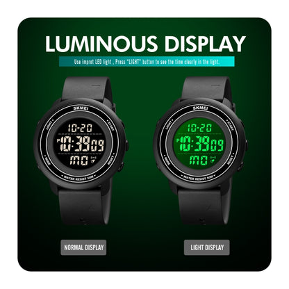 SKMEI 1736 Montre électronique lumineuse avec affichage numérique LED, cadran rond et triple heure.