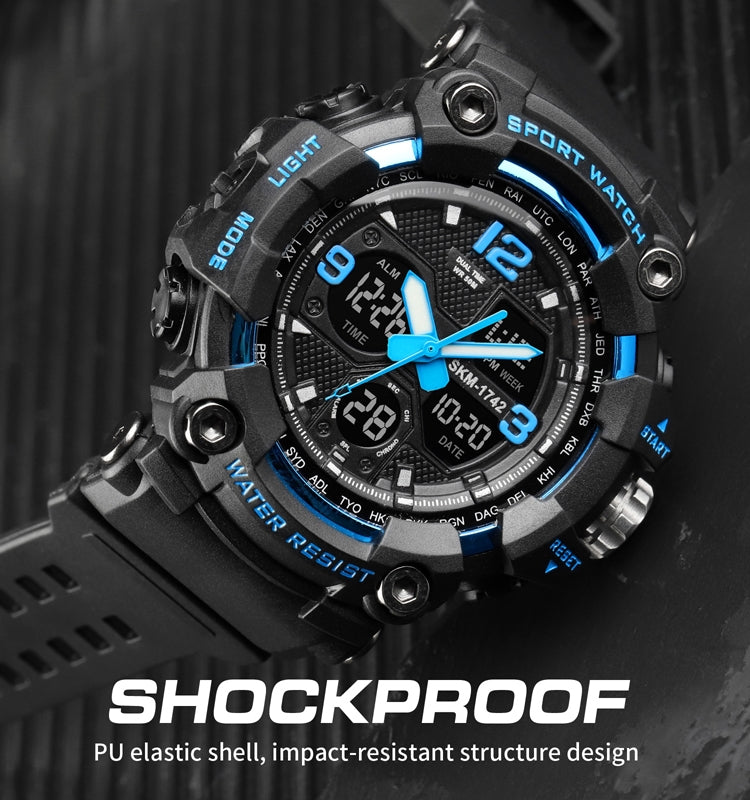 SKMEI 1742 Montre électronique numérique à LED quatre écrans, lumineuse, de sport, antichoc pour hommes