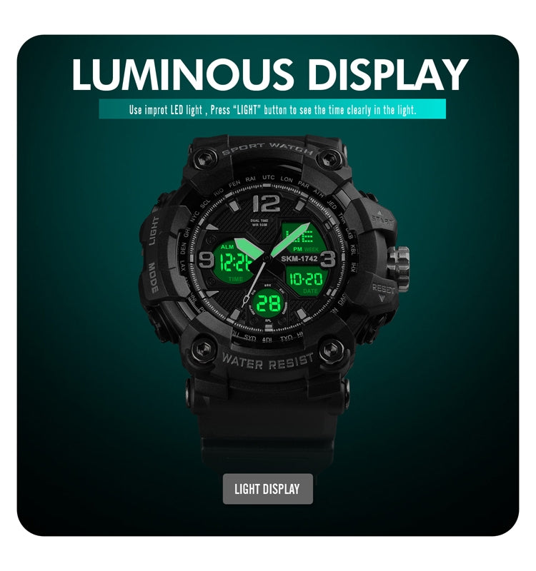 SKMEI 1742 Montre électronique numérique à LED quatre écrans, lumineuse, de sport, antichoc pour hommes