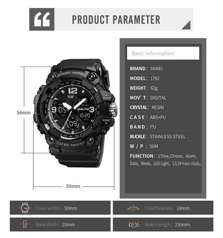 SKMEI 1742 Montre électronique numérique à LED quatre écrans, lumineuse, de sport, antichoc pour hommes