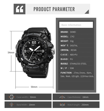 SKMEI 1742 Montre électronique numérique à LED quatre écrans, lumineuse, de sport, antichoc pour hommes