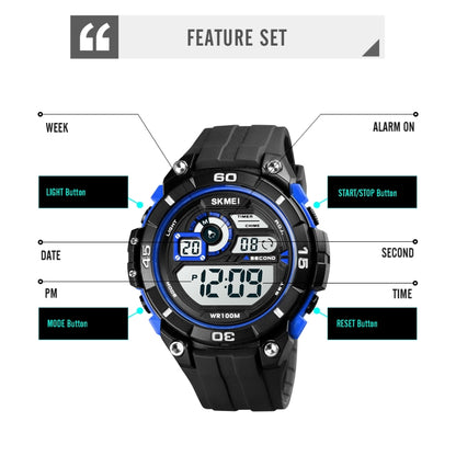 SKMEI 1756 Double fuseau horaire Compte à rebours Réveil Homme Sport Lumineux Montre Électronique