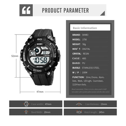 SKMEI 1756 Double fuseau horaire Compte à rebours Réveil Homme Sport Lumineux Montre Électronique