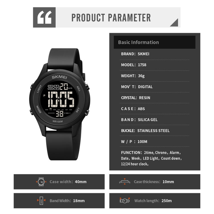 Montre électronique multifonctionnelle SKMEI 1758 à affichage numérique LED et bracelet en silicone lumineux