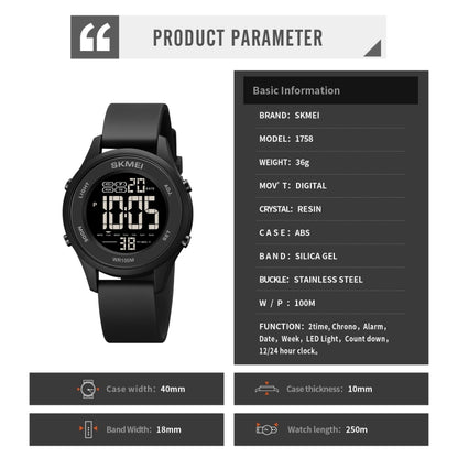 Montre électronique multifonctionnelle SKMEI 1758 à affichage numérique LED et bracelet en silicone lumineux