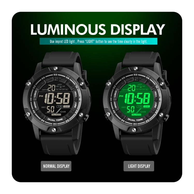 SKMEI 1762 Montre Électronique Lumineuse Étanche à Affichage Numérique Double Fuseau Horaire LED Rond Triplicate, SKMEI 1762