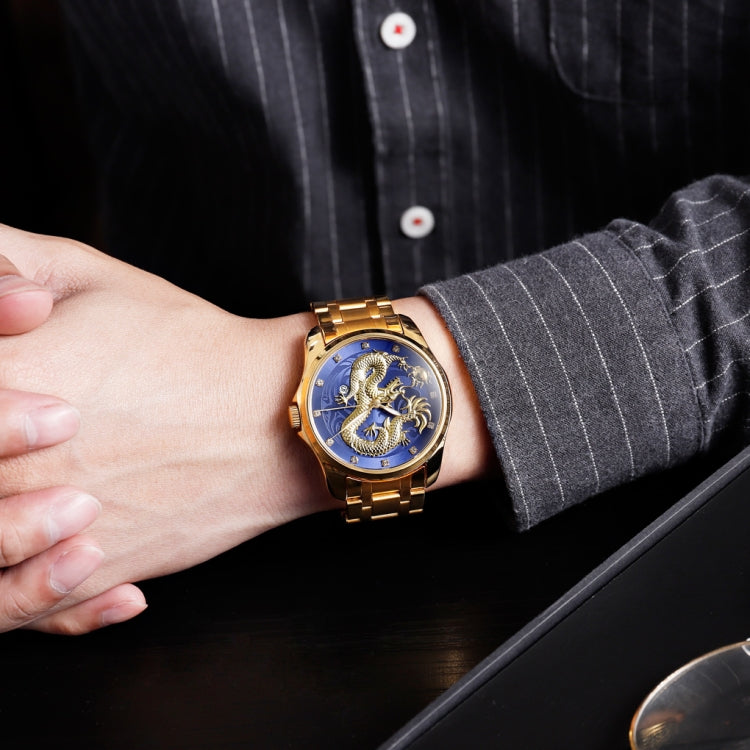 SKMEI 9193 Men Golden Dragon Pattern Calendar Dial Luminous Quartz Watch