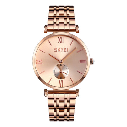 SKMEI 9198 Montre à quartz à cadran simple chiffres romains et bracelet en métal pour couples