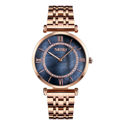 SKMEI 9198 Montre à quartz à cadran simple chiffres romains et bracelet en métal pour couples