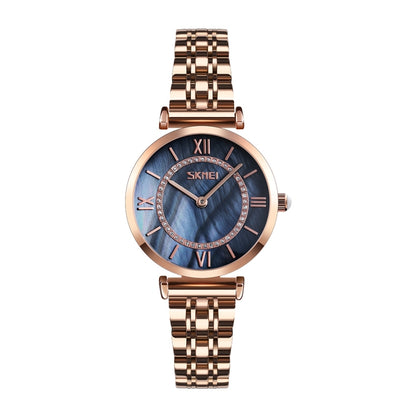 SKMEI 9198 Montre à quartz à cadran simple chiffres romains et bracelet en métal pour couples