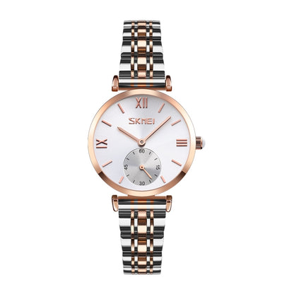 SKMEI 9198 Montre à quartz à cadran simple chiffres romains et bracelet en métal pour couples