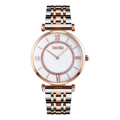 SKMEI 9198 Montre à quartz à cadran simple chiffres romains et bracelet en métal pour couples