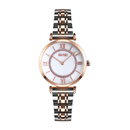 SKMEI 9198 Montre à quartz à cadran simple chiffres romains et bracelet en métal pour couples