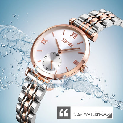 SKMEI 9198 Montre à quartz à cadran simple chiffres romains et bracelet en métal pour couples