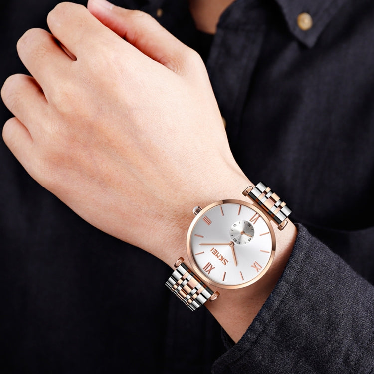 SKMEI 9198 Montre à quartz à cadran simple chiffres romains et bracelet en métal pour couples