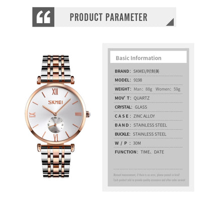 SKMEI 9198 Montre à quartz à cadran simple chiffres romains et bracelet en métal pour couples