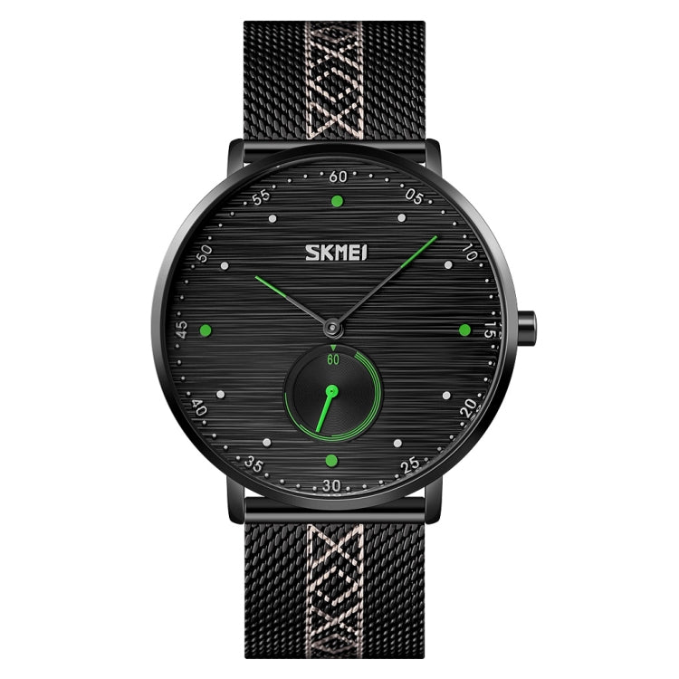 SKMEI 9218 Montre à Quartz Homme, Cadran à Rayures Horizontales Chiffres Arabes, Bracelet en Maille