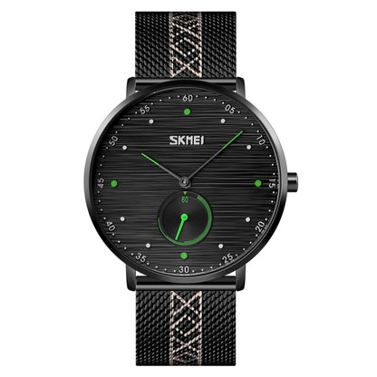 SKMEI 9218 Montre à Quartz Homme, Cadran à Rayures Horizontales Chiffres Arabes, Bracelet en Maille