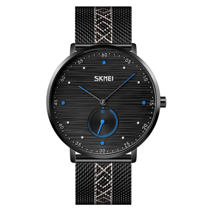 SKMEI 9218 Montre à Quartz Homme, Cadran à Rayures Horizontales Chiffres Arabes, Bracelet en Maille