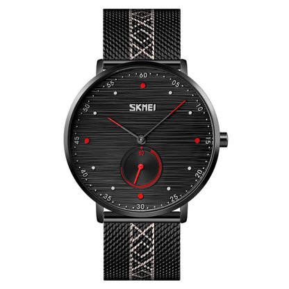 SKMEI 9218 Montre à Quartz Homme, Cadran à Rayures Horizontales Chiffres Arabes, Bracelet en Maille
