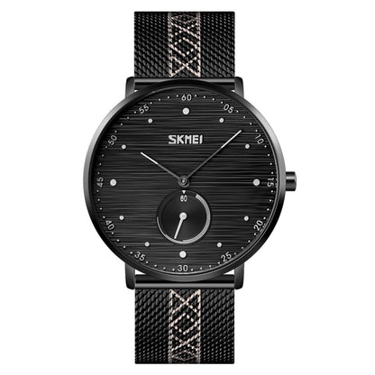SKMEI 9218 Montre à Quartz Homme, Cadran à Rayures Horizontales Chiffres Arabes, Bracelet en Maille