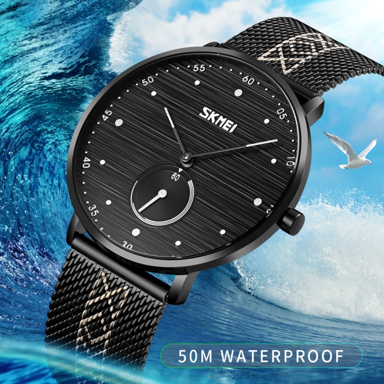 SKMEI 9218 Montre à Quartz Homme, Cadran à Rayures Horizontales Chiffres Arabes, Bracelet en Maille