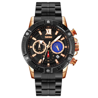 Montre à quartz SKMEI 9235 pour hommes, avec phases de lune, chronomètre et bracelet en acier inoxydable