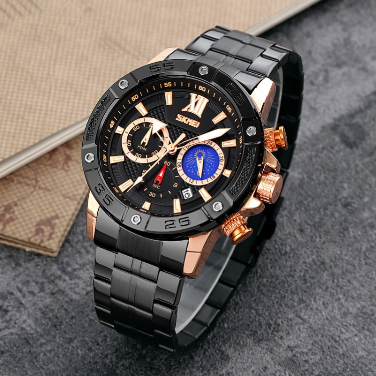 Montre à quartz SKMEI 9235 pour hommes, avec phases de lune, chronomètre et bracelet en acier inoxydable