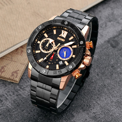 Montre à quartz SKMEI 9235 pour hommes, avec phases de lune, chronomètre et bracelet en acier inoxydable