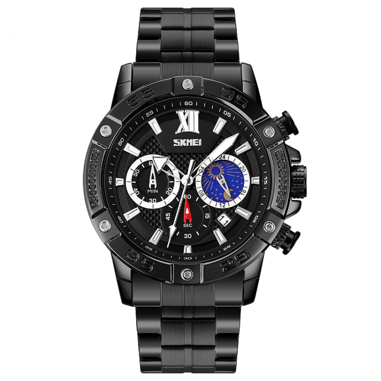 Montre à quartz SKMEI 9235 pour hommes, avec phases de lune, chronomètre et bracelet en acier inoxydable