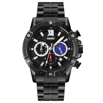 Montre à quartz SKMEI 9235 pour hommes, avec phases de lune, chronomètre et bracelet en acier inoxydable