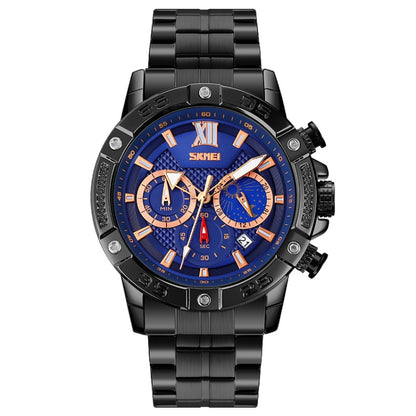 Montre à quartz SKMEI 9235 pour hommes, avec phases de lune, chronomètre et bracelet en acier inoxydable