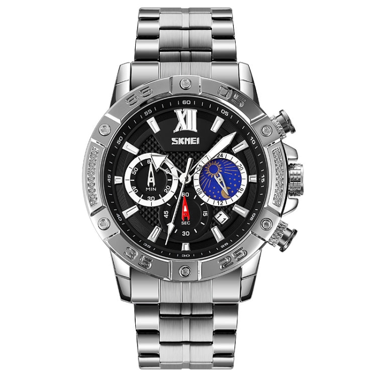Montre à quartz SKMEI 9235 pour hommes, avec phases de lune, chronomètre et bracelet en acier inoxydable