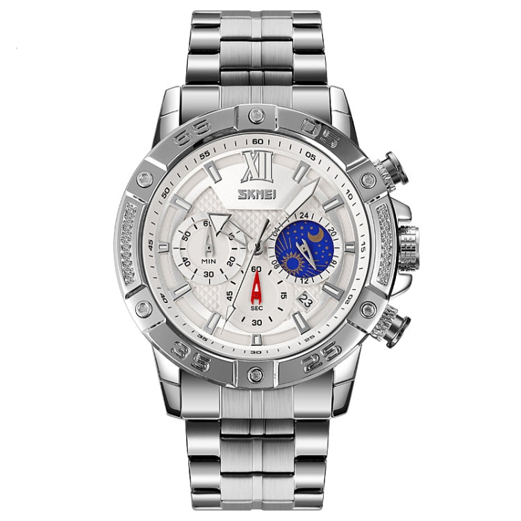 Montre à quartz SKMEI 9235 pour hommes, avec phases de lune, chronomètre et bracelet en acier inoxydable