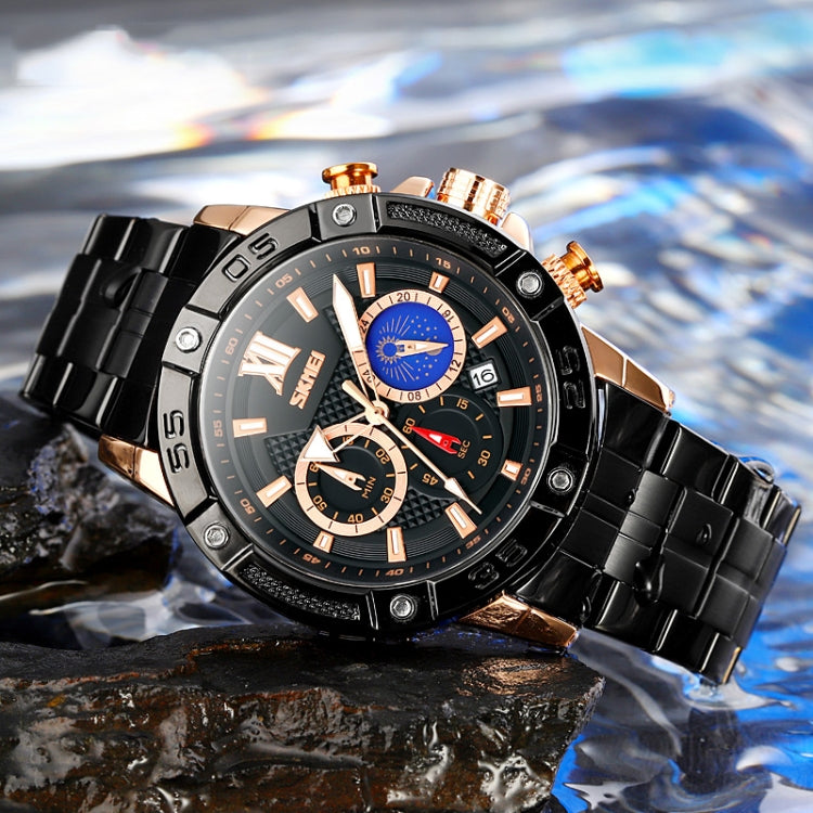 Montre à quartz SKMEI 9235 pour hommes, avec phases de lune, chronomètre et bracelet en acier inoxydable
