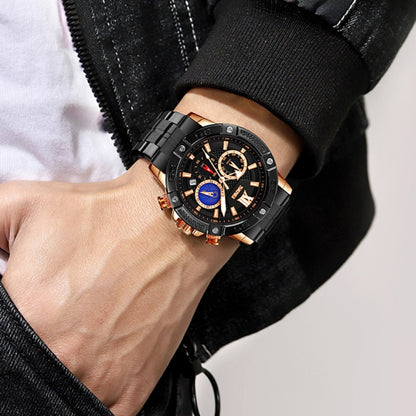 Montre à quartz SKMEI 9235 pour hommes, avec phases de lune, chronomètre et bracelet en acier inoxydable