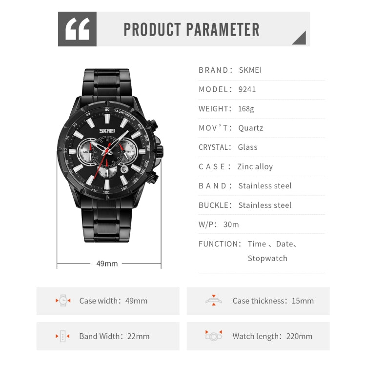 Montre à Quartz SKMEI 9241 pour Homme avec Calendrier, Chronomètre et Bracelet en Acier Inoxydable