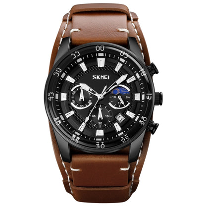 SKMEI 9249 Men Moonphase Calendar Stopwatch Leather Strap Quartz Watch