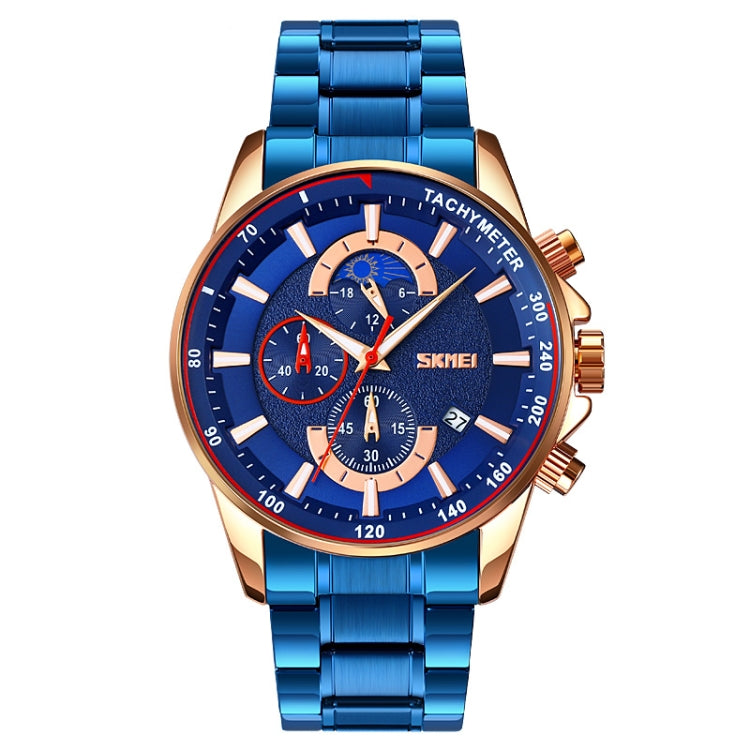 SKMEI 9250 Montre Homme à Quartz, avec Phase de Lune, Chronomètre, Date, Six Aiguilles et Bracelet en Acier Inoxydable