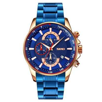 SKMEI 9250 Montre Homme à Quartz, avec Phase de Lune, Chronomètre, Date, Six Aiguilles et Bracelet en Acier Inoxydable