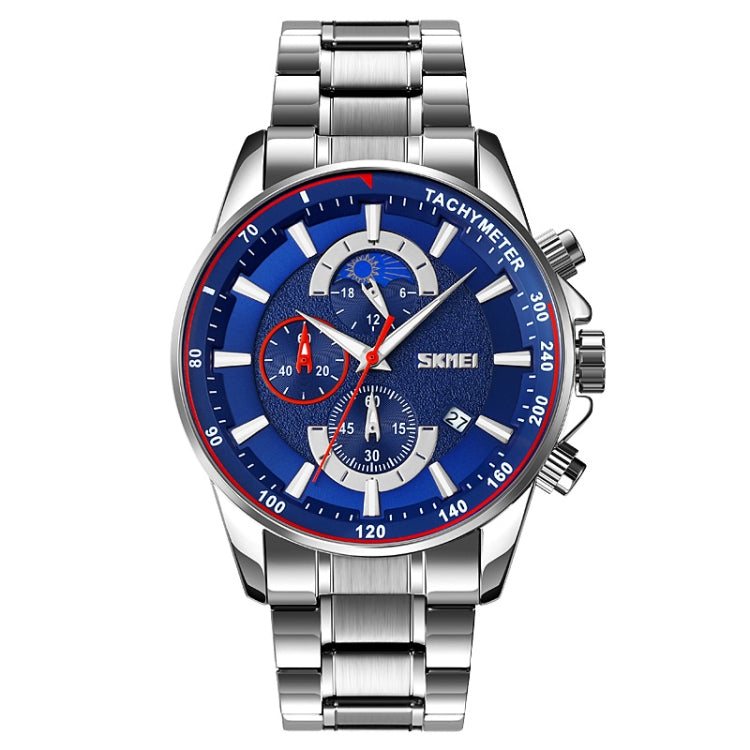 SKMEI 9250 Montre Homme à Quartz, avec Phase de Lune, Chronomètre, Date, Six Aiguilles et Bracelet en Acier Inoxydable