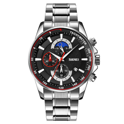 SKMEI 9250 Montre Homme à Quartz, avec Phase de Lune, Chronomètre, Date, Six Aiguilles et Bracelet en Acier Inoxydable