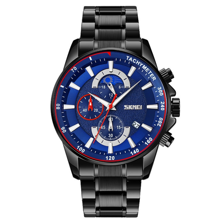 SKMEI 9250 Montre Homme à Quartz, avec Phase de Lune, Chronomètre, Date, Six Aiguilles et Bracelet en Acier Inoxydable