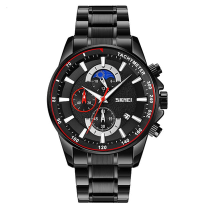 SKMEI 9250 Montre Homme à Quartz, avec Phase de Lune, Chronomètre, Date, Six Aiguilles et Bracelet en Acier Inoxydable