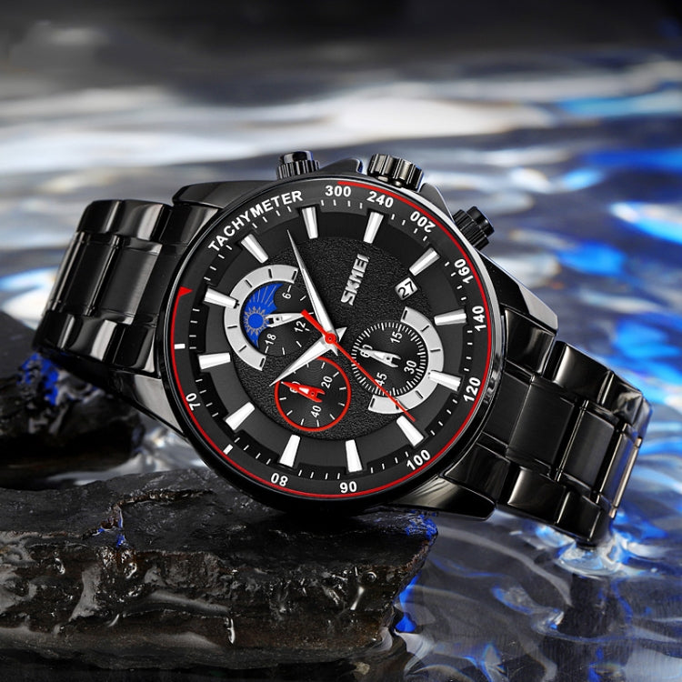 SKMEI 9250 Montre Homme à Quartz, avec Phase de Lune, Chronomètre, Date, Six Aiguilles et Bracelet en Acier Inoxydable