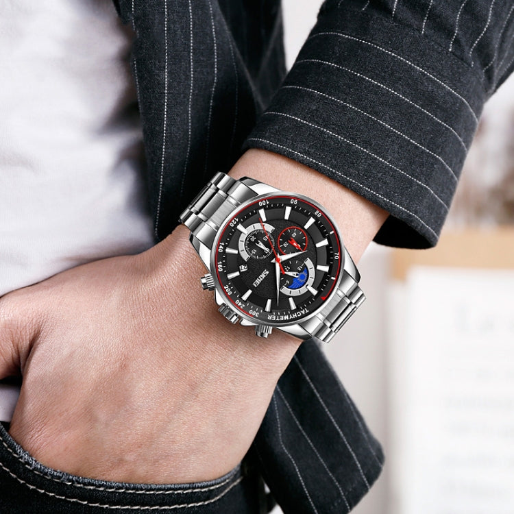 SKMEI 9250 Montre Homme à Quartz, avec Phase de Lune, Chronomètre, Date, Six Aiguilles et Bracelet en Acier Inoxydable