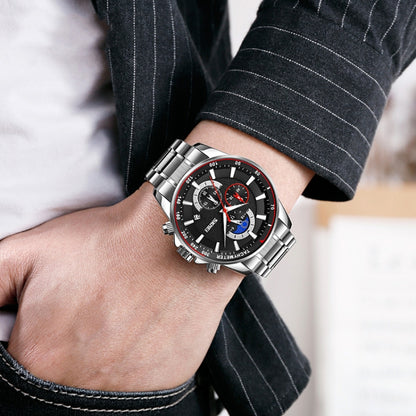 SKMEI 9250 Montre Homme à Quartz, avec Phase de Lune, Chronomètre, Date, Six Aiguilles et Bracelet en Acier Inoxydable