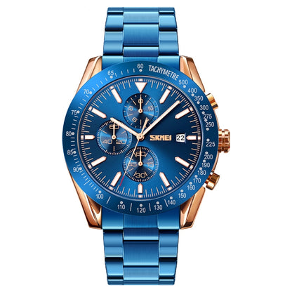 SKMEI 9253 Montre à quartz pour hommes avec chronomètre, date et bracelet en acier inoxydable à six aiguilles