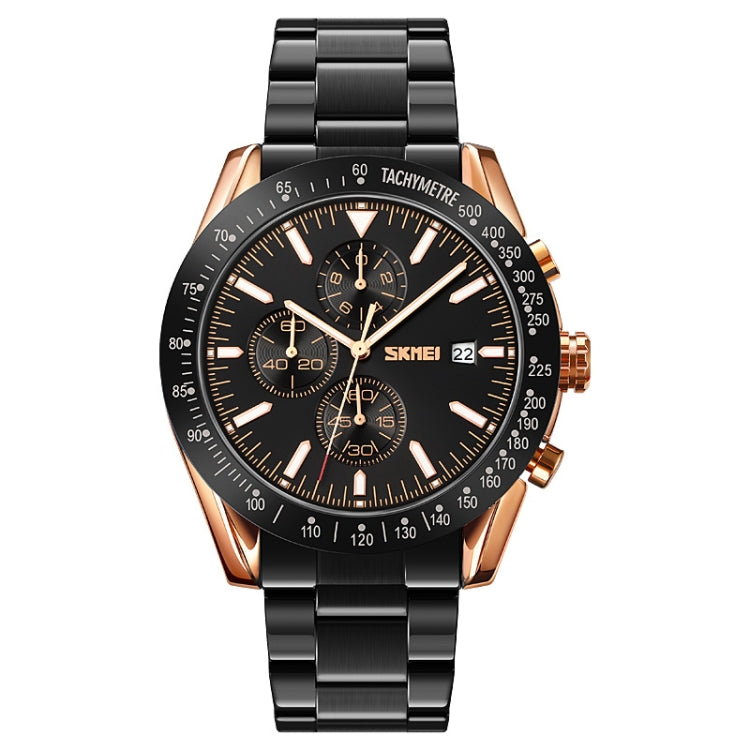 SKMEI 9253 Montre à quartz pour hommes avec chronomètre, date et bracelet en acier inoxydable à six aiguilles